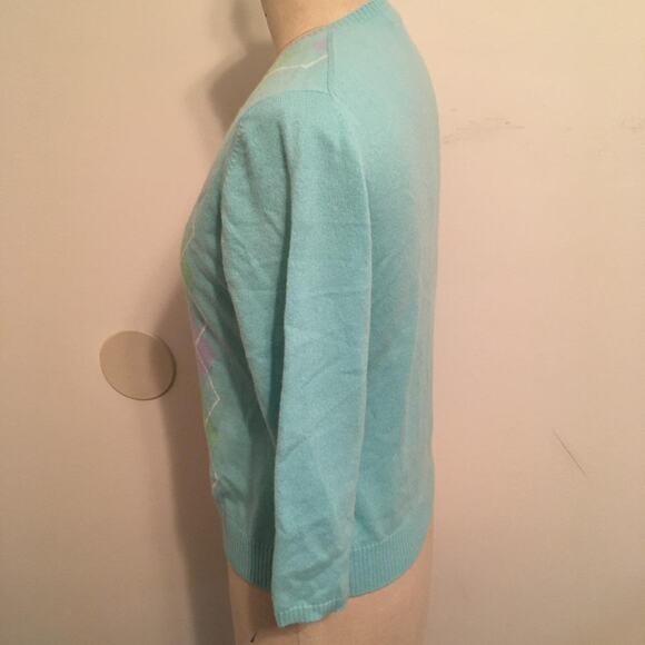 Geneva Aqua-Green-Blue-White Argyle 100% Cashmere Sweater XL - Picture 3 of 7